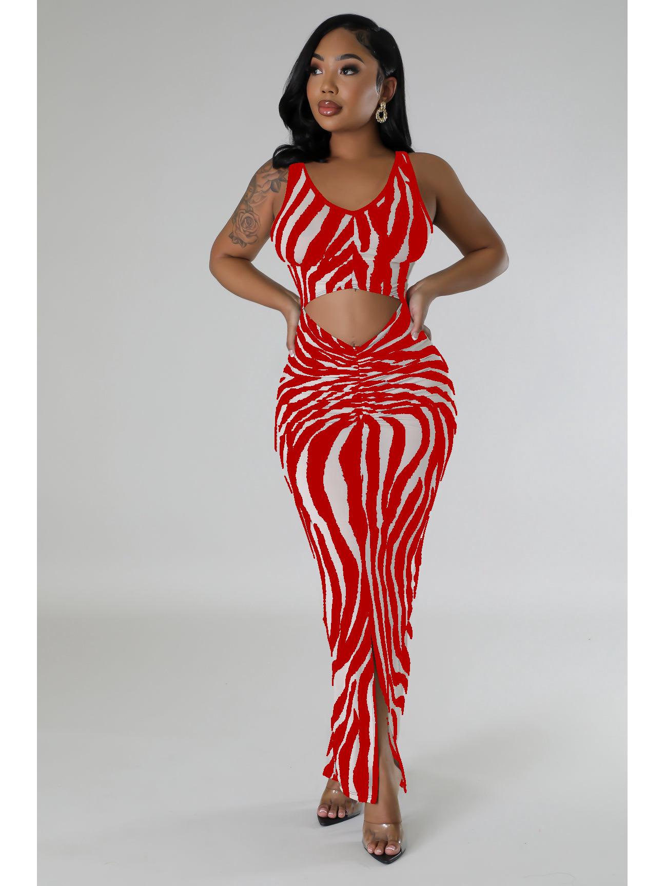 

TD2768 Zebra Print Elegant Backless Two-Way Summer Dress for Women M червоний