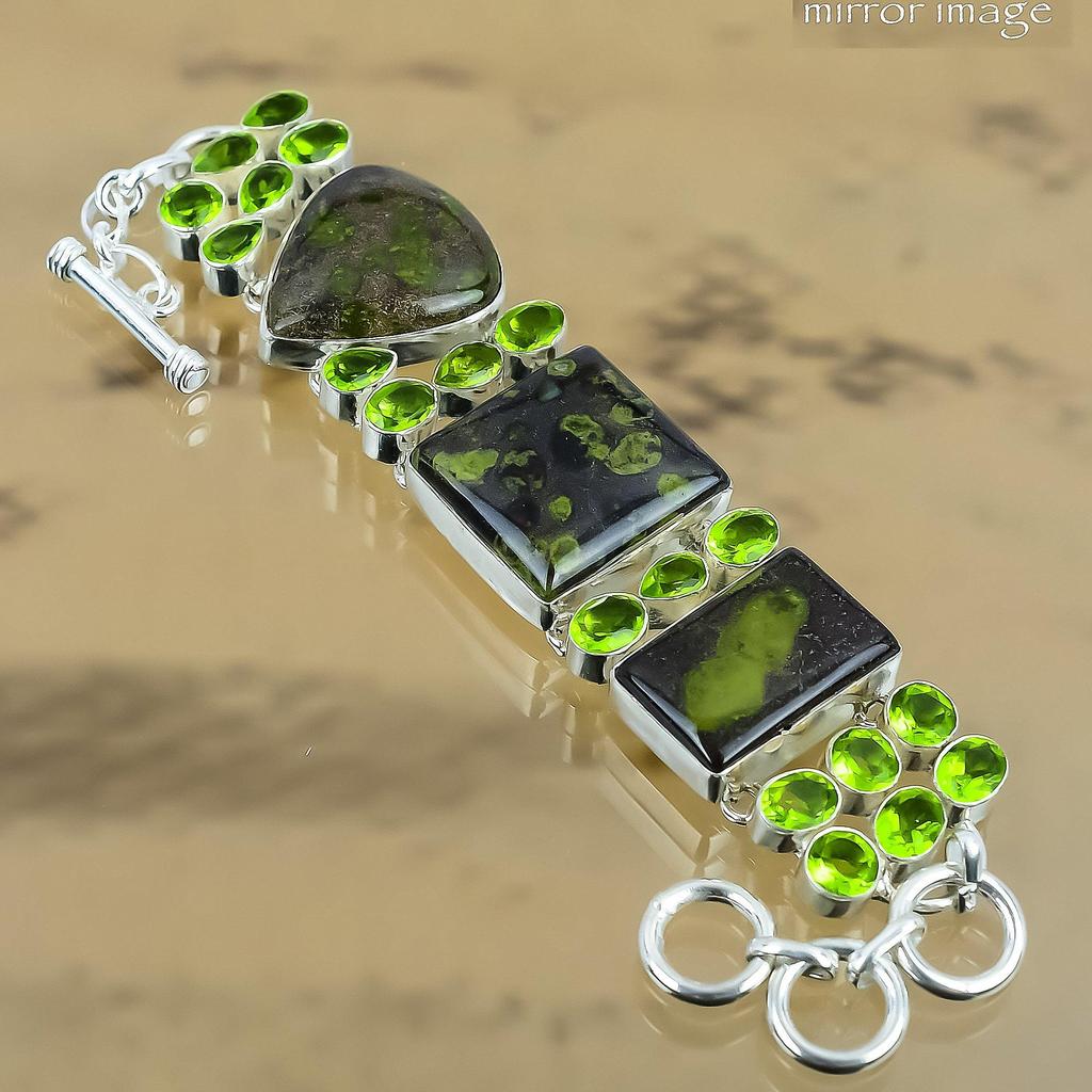 925 Sterling Silver Epidote Quartz Stone Peridot Chain Unique Bracelet Jewelry