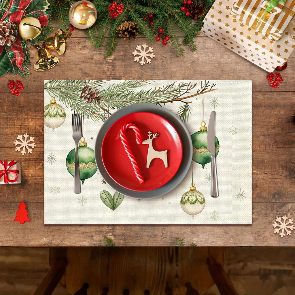 11.81*17.72inch Christmas Ball Pine Branch Pine Cone Snowflake Placemats, of 4/6, Suitable for Kitchen Table Holiday Party Decoration.