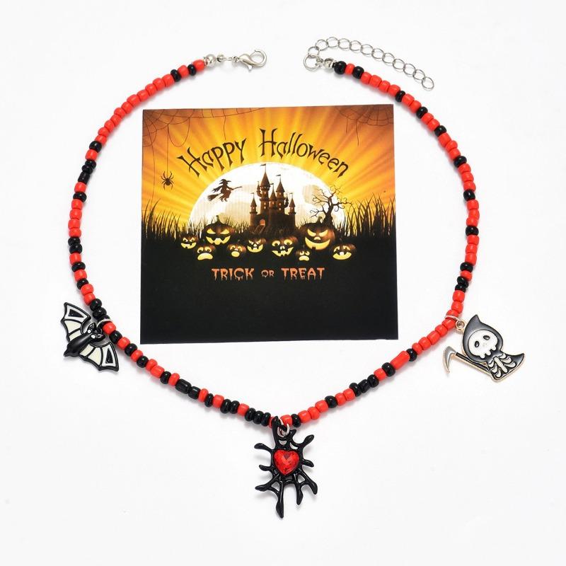 Halloween Necklace Funny Pumpkin Ghost Cat Pendant Horror Contrasting Color Rice Bead String Chain Collarbone Chain