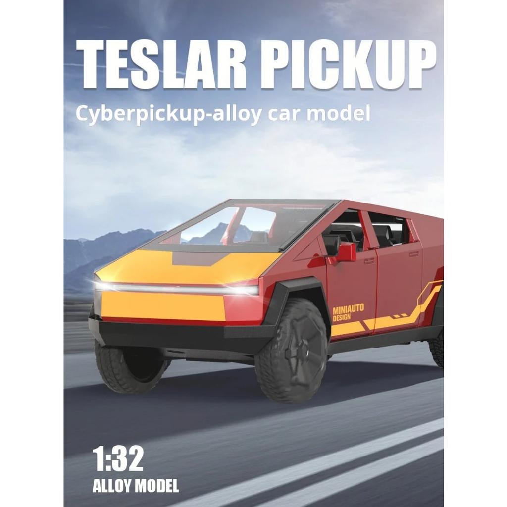 Maßstab 1/32 Tesla Pickup Truck Legierungsmodell Kinderauto Spielzeug Rückzug Sound Licht Zweitürer Auto Druckguss Spielzeug Festivalgeschenk