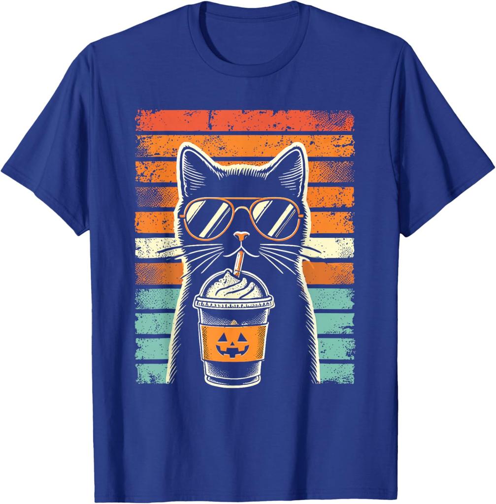 Black Cat Pumpkin Spice Latte Hipster Graphic Tee Retro Distressed TShirt Casual