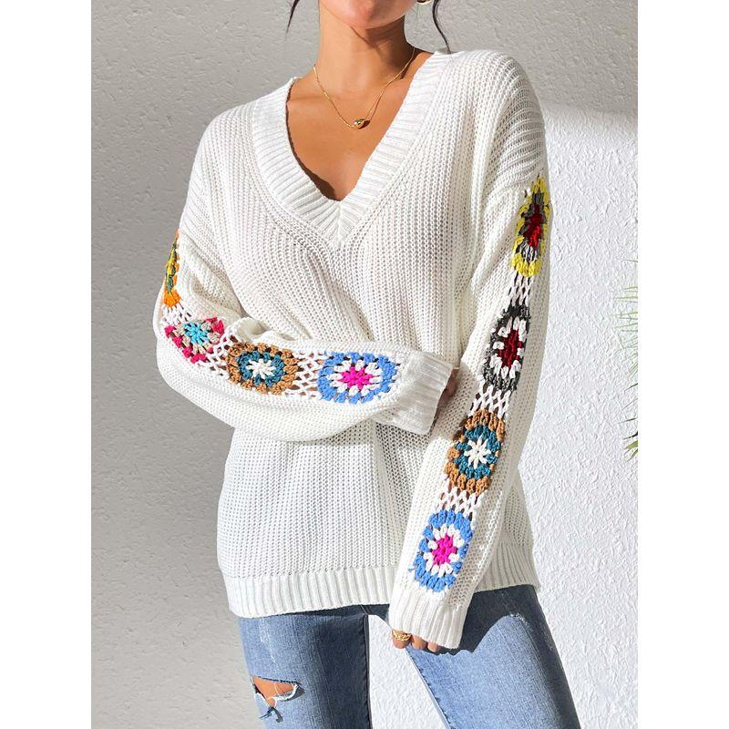Long-Sleeve V-neck Top Mixed Color Hand Hook Flower Patchwork V-neck Pullover Loose Casual Sweater Top