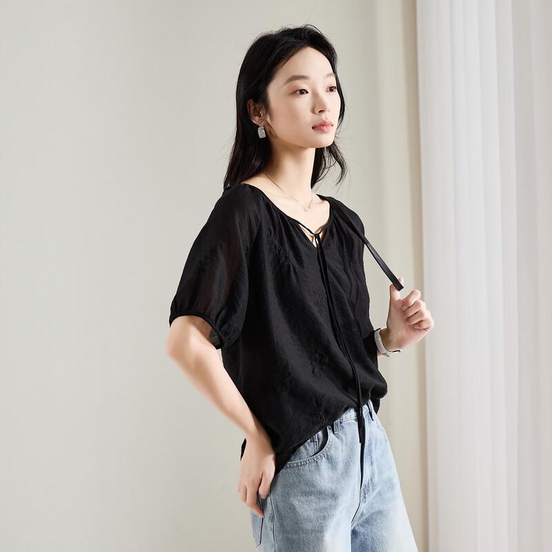 SOFSIL 2026 Summer French Puff Sleeve Tie-Neck Embroidered Blouse L