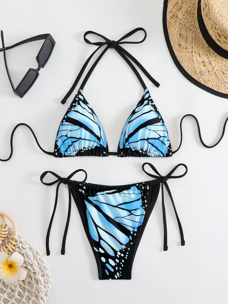 Butterfly Print Deep V Backless Bikini