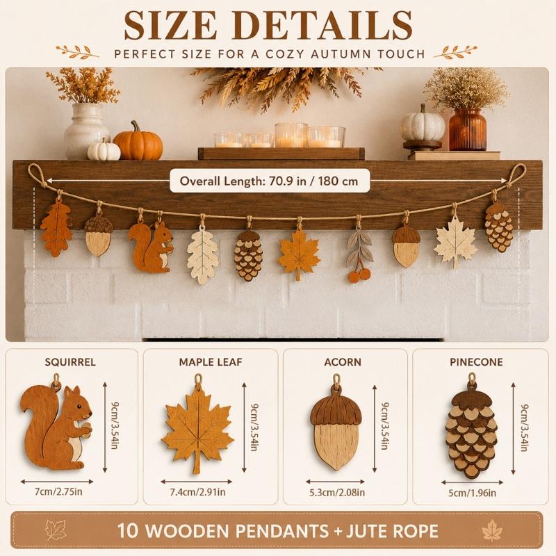 Thanksgiving Mantel Garlands with Wooden Autumn Pendants and Hanging Rope, Harvest Wall or Shelf Decors Banners for Indoor Seasonal Styling