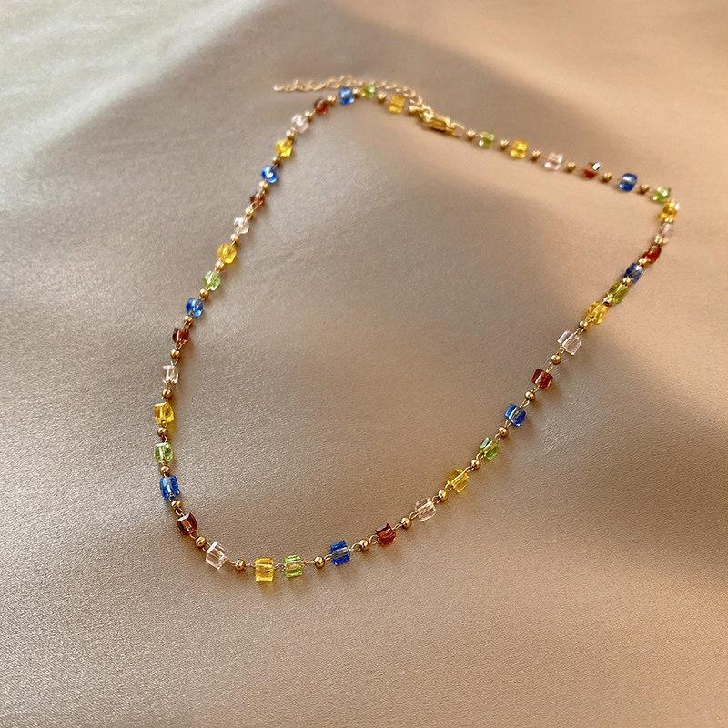 Einfacher Bunter Quadratischer Acryl-Choker Mode Goldfarbene Perlenketten-Halskette Vintage Kristall-Halskette für Frauen Partyschmuck