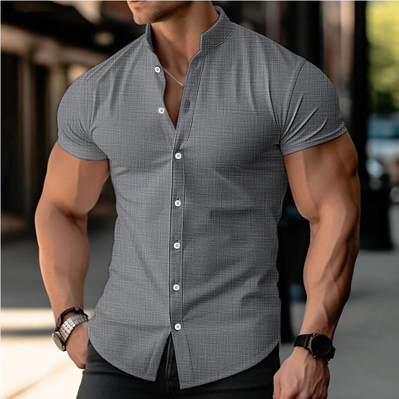 Camicia Estiva da Uomo Casual a Maniche Corte con Collo a Revers Tinta Unita Top in Cotone e Lino