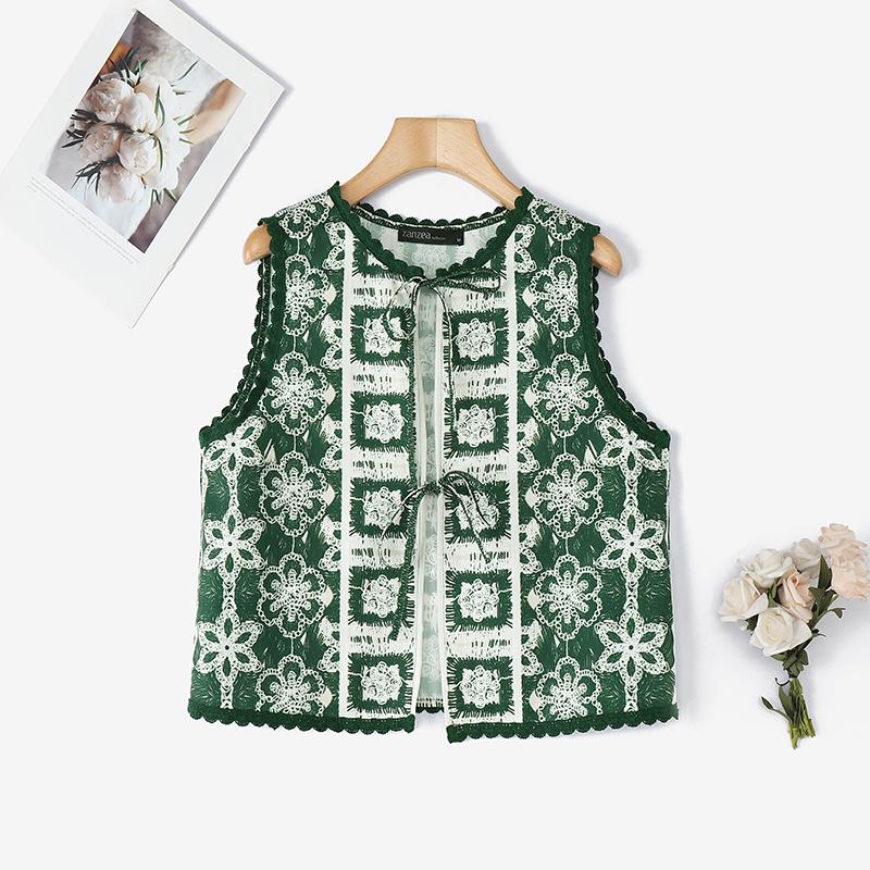 

ZANZEA Женский летний кардиган-жилет без рукавов на шнуровке с круглым вырезом 5XL темно-зеленого