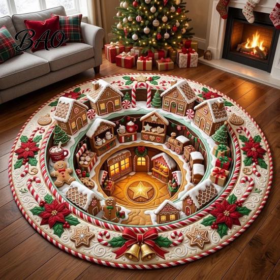 Christmas Party Home Decor 3D Rug, Illusion Area Round Decorative Non Slip Holiday Floor Covering Mat, Festive Carpet for Indoor Living Room