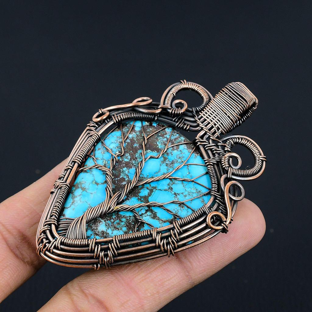 Tibetan Turquoise Pendant, 999 Copper Wire Wrapped Gemstone Jewelry, Handmade Pendant, For Thanksgiving