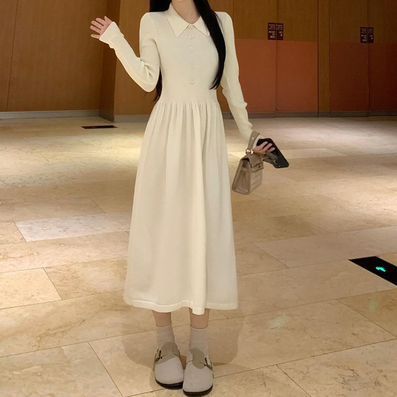 Solid color temperament breasted design polo collar knitted dress women's autumn and winter new bottom waist thin dress
