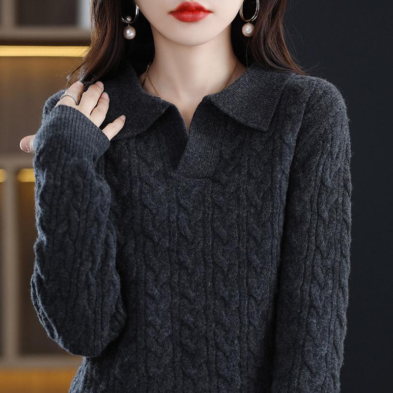 Autumn/Winter 2025 Retro Polo Collar Cashmere Sweater - High-End Knitted Cable Base Layer