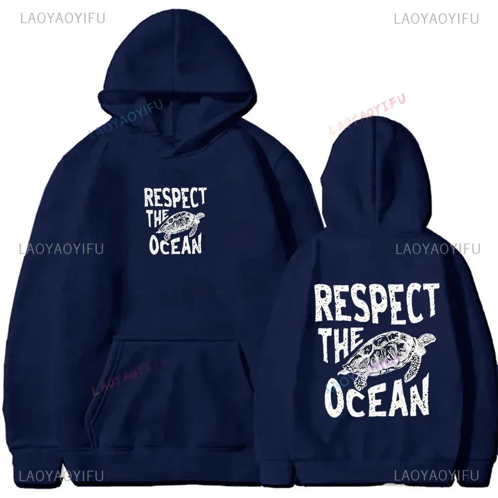 Respect The Ocean Hoodie - Ocean Surf Hoodie Carolina Blue Hoodie Words on Back Turtle Sweatshirt for Outdoor Enthusiasts