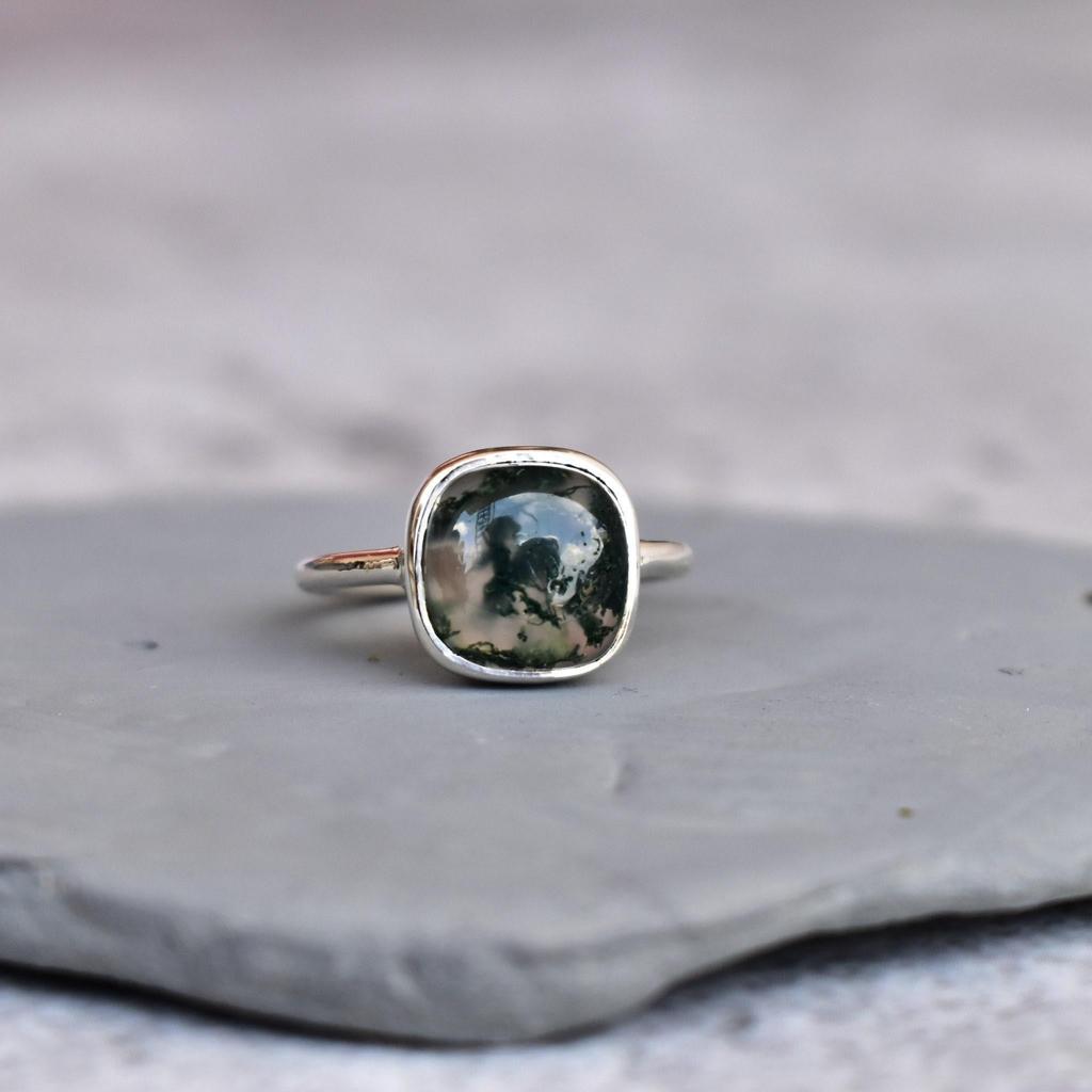 Genuine Moss Agate Ring Agate Handmade Ring Square Moss Agate Ring Healing Gemstone Ring Sterling Silver Ring Bridesmaid Gift