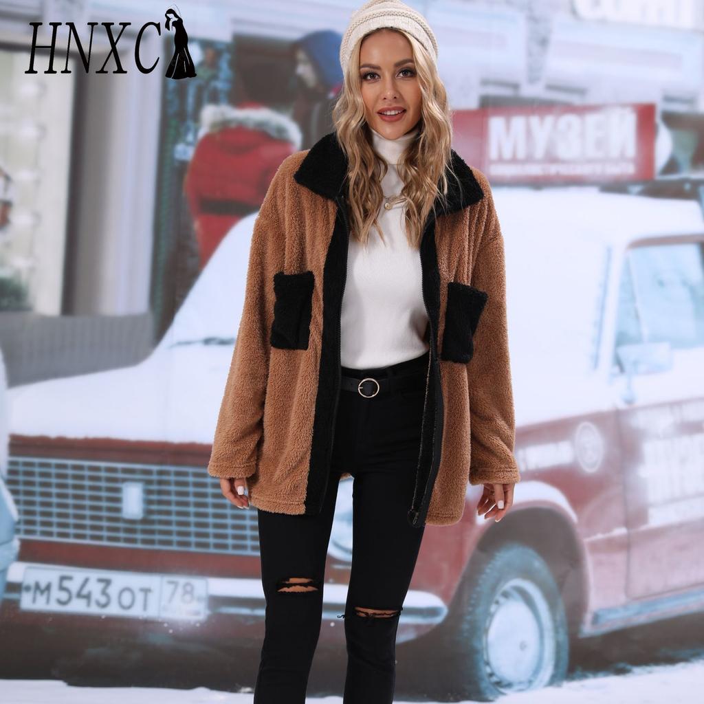 HNXC Fashion Autumn Women's Lapel Long-sleeved Two-tone Double-sided Fleece Mid-length Loose Casual Coat