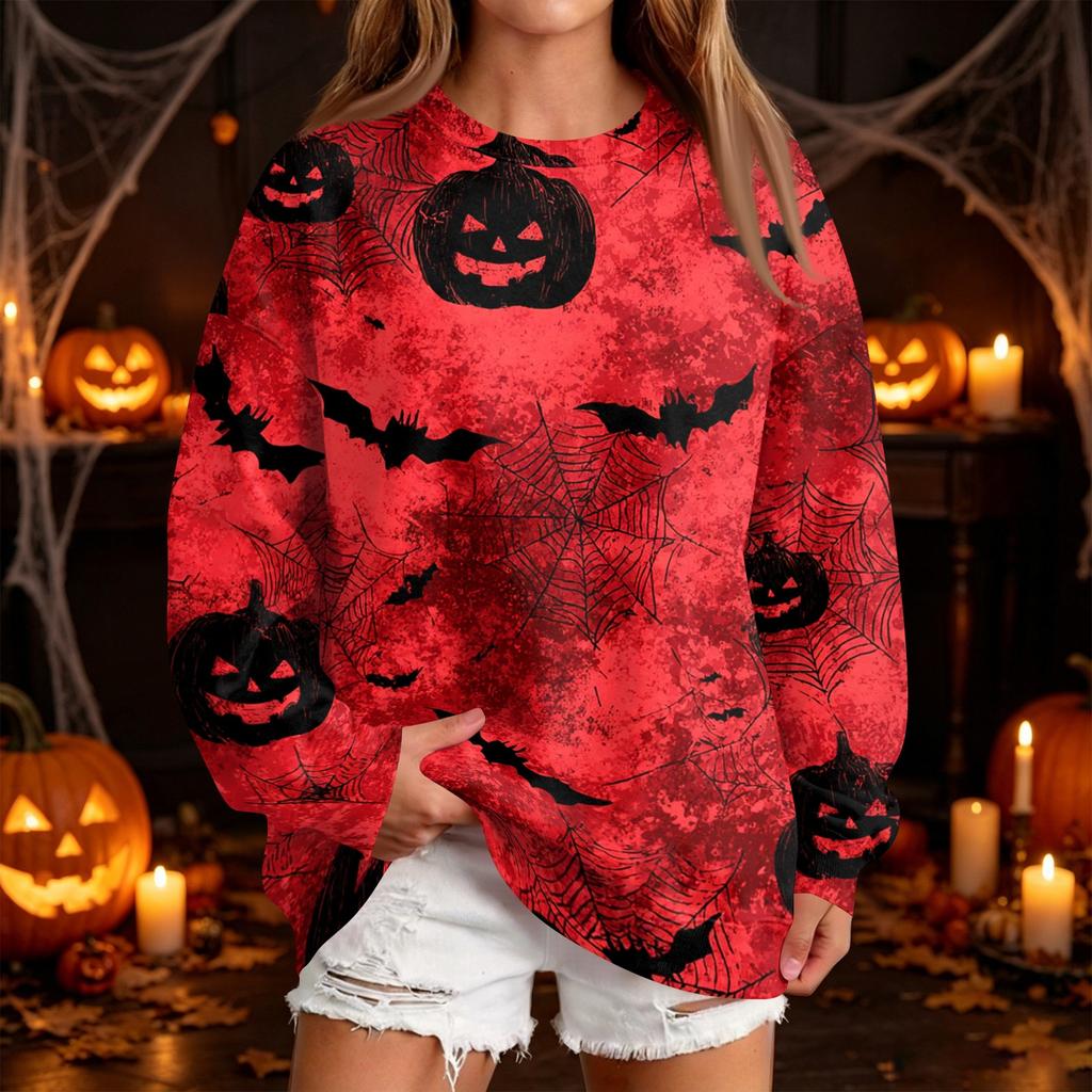 Women's Casual Round Neck Sweatshirt with Halloween Print, Long Sleeve Pullover for Festivals