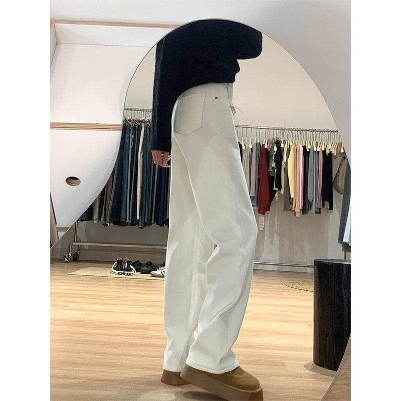 Fleece thickened white jeans women's autumn and winter new pear-shaped loose and thin straight trousers