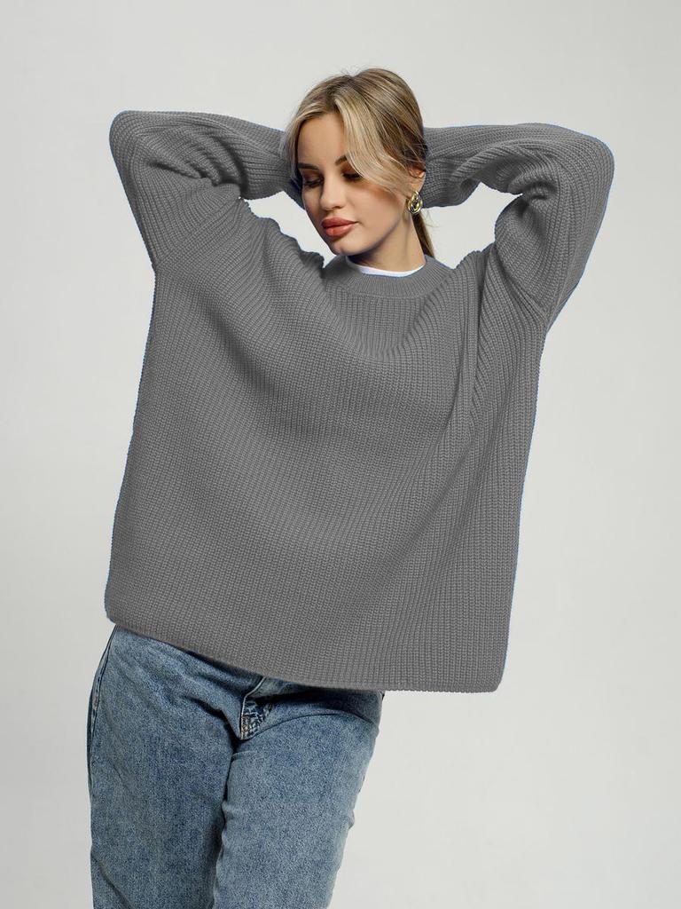Solid color crew neck sweater European and American spring and autumn loose knitted sweater Ins pullover sweater women