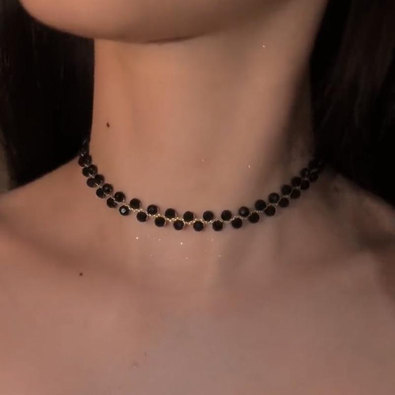 Elegante schwarze Kristall-Perlen Schlüsselbein-Halskette - Vielseitiger, hochwertiger Mode-Choker.