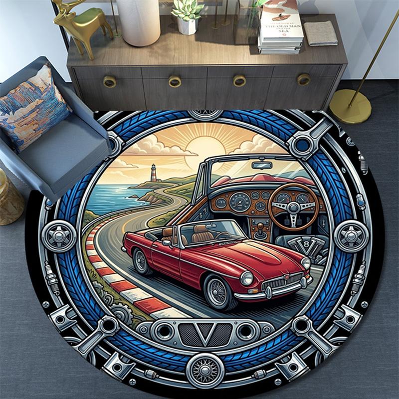 Classic Car Coastal Drive Round Area Rug Under Office Chairs Bedroom Living Room Home Decor