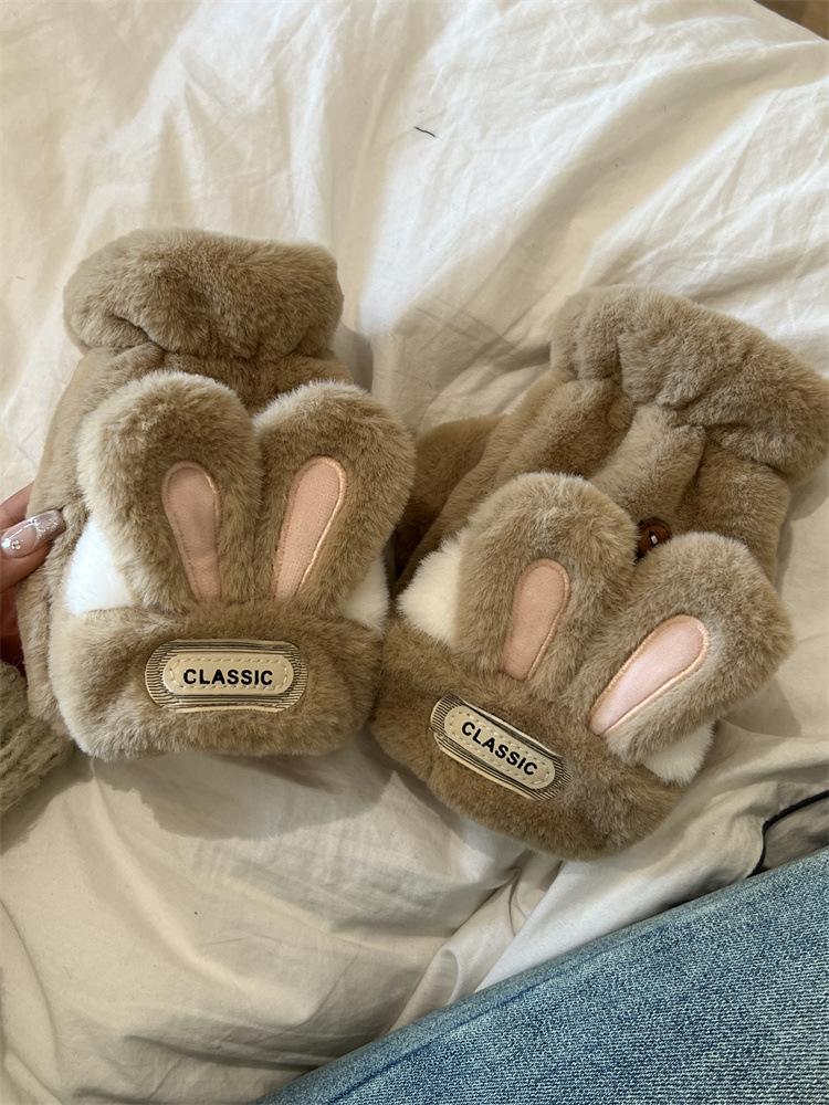New warm and cold-proof cute rabbit flip open finger gloves female cartoon cute plush sleeves