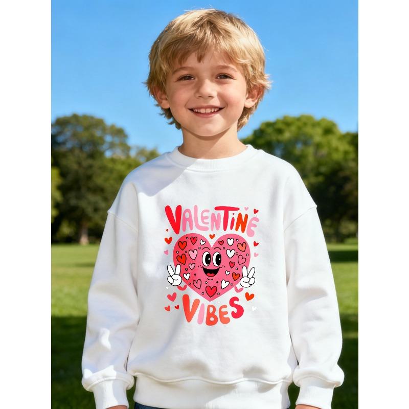 Kids Crewneck Sweatshirt, Heart Peace Sign & Text Graphic Print, Spring Autumn Casual Tops 110 белый