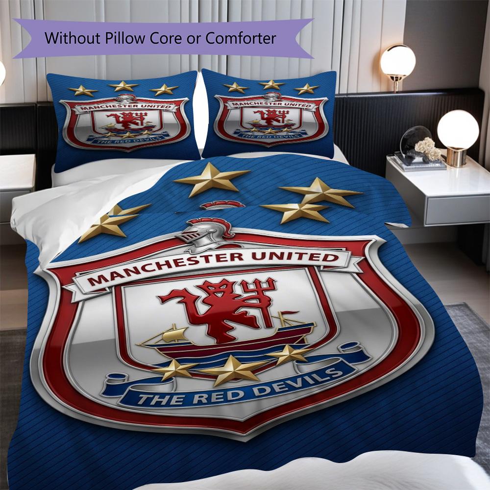Manchester Glory Emblem Three-piece Set (1 * Duvet Cover + 2 * Pillowcase, Without Core) 2D Flat Christmas Birthday Gift Soft and Comfortable
