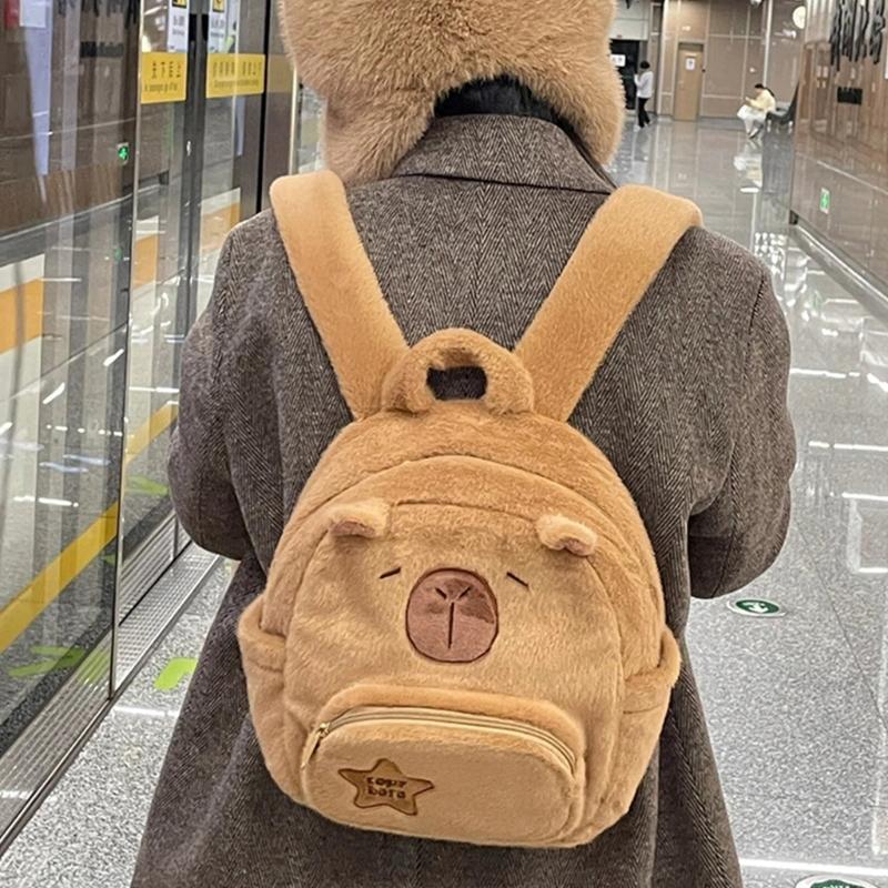 Cartoon Plush Capybara Animal Backpack for Teens Multiple Pockets Student School Bag Zippered Crossbody Shoulder Bag