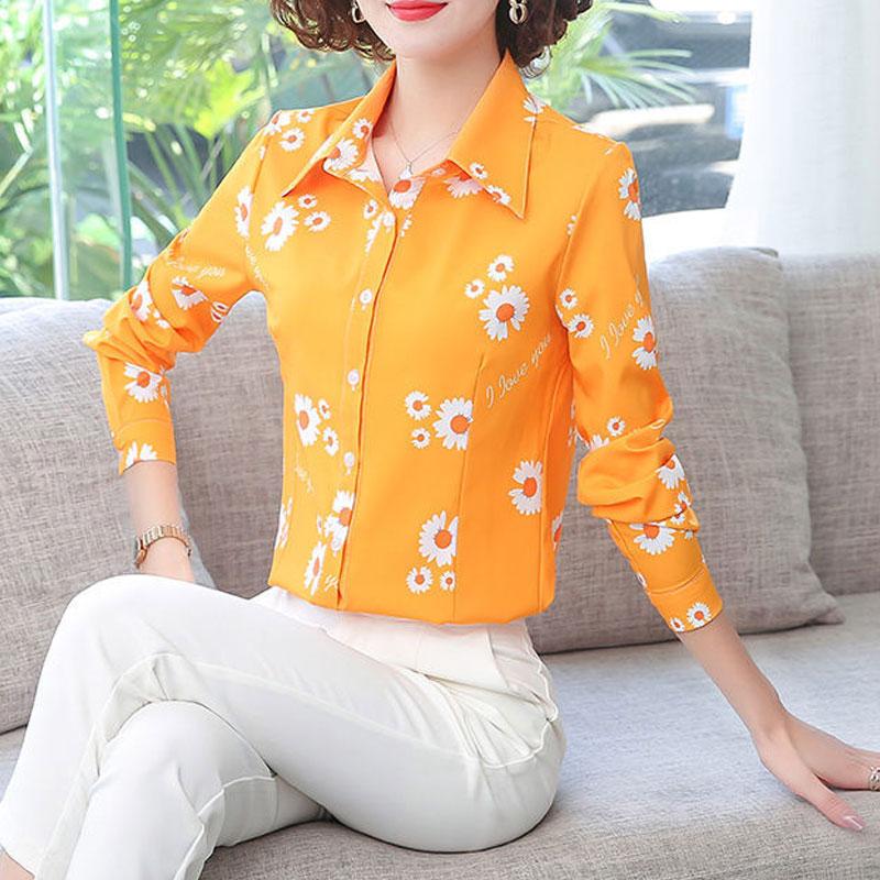 

Женская одежда Винтажная блузка с воротником поло 2023 Весенне-осенняя мода Однобортная Повседневная С цветочным принтом Универсальная Приталенная рубашка 5XL жёлтый