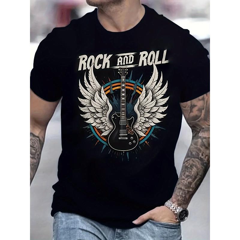 European Size A Men'S Rock Guitar Print T-Shirt - a Sporty Boat Neck Tee with Slight Stretch - Summer Patterned Casual Streetwear