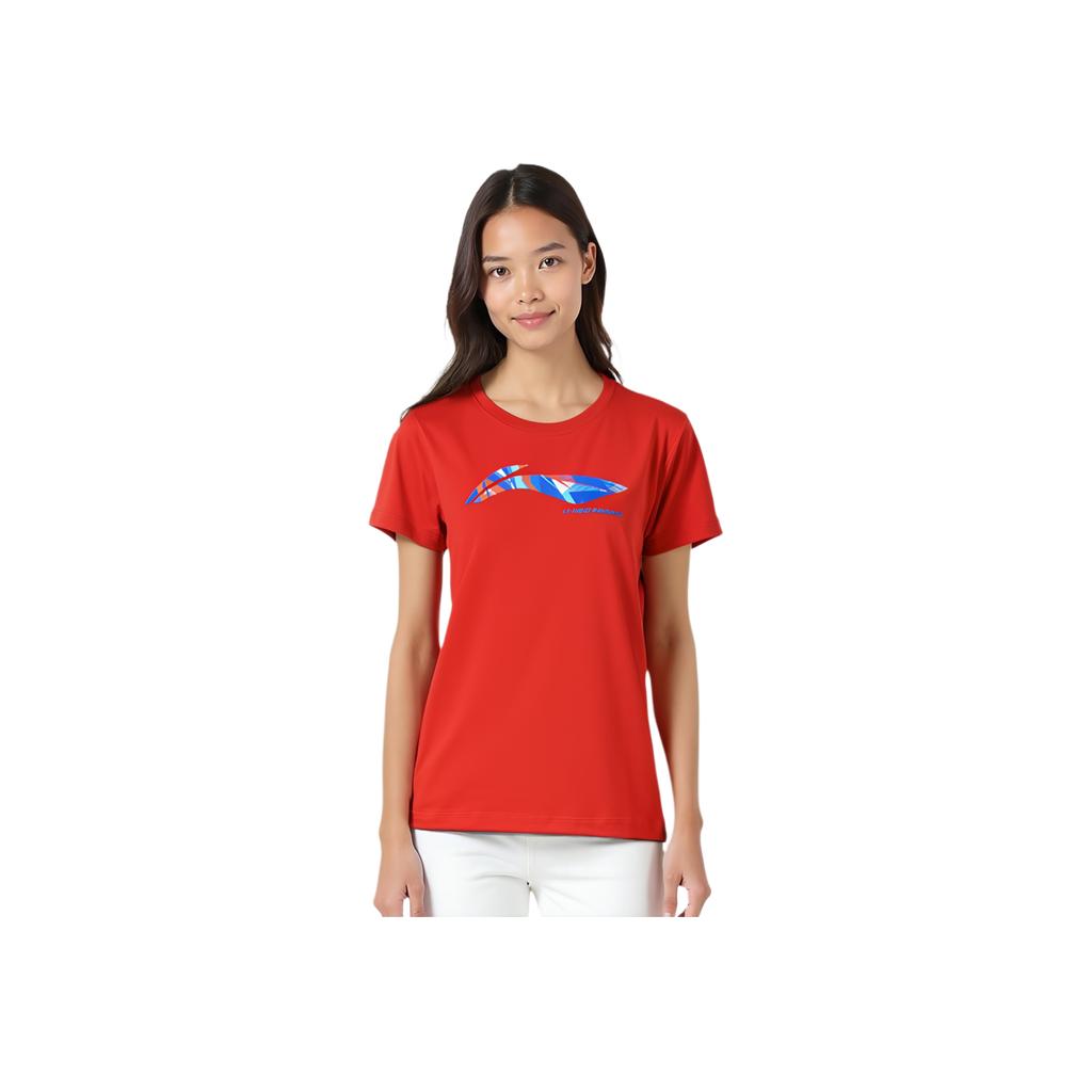 Li Ning Badminton Series Creative Logo Printed Round Neck Pullover Short Sleeve T-Shirt Women Tops Bull-Red AHSR788-3