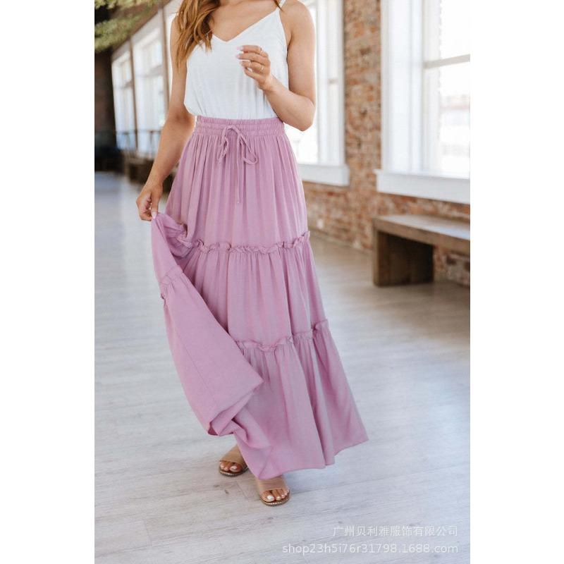 Spring and Summer Rubber Band High Waist Human Cotton Solid Color Su Pleated Splicing Simple Versatile Women's Skirt