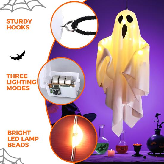 3 ks Halloweenských závěsných duchů 19,6" LED svítících venkovních létajících bílých duchů pro dekoraci předzahrádky, terasy, trávníku, zahrady, párty