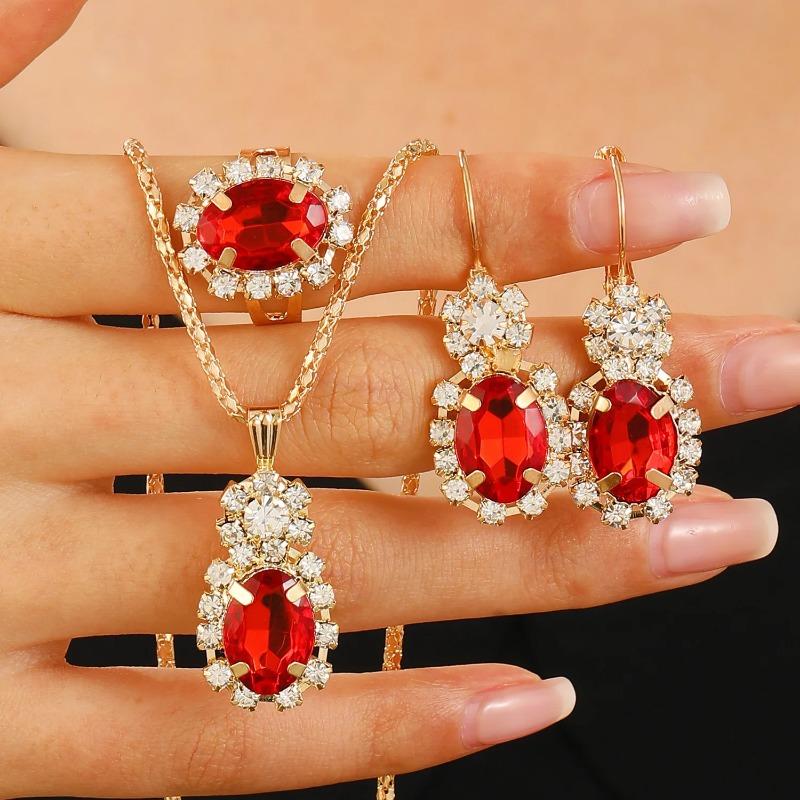 Luxury Sparkling Natural Zirconia Oval Pendant Necklace Earrings Ring Women's Gorgeous 4 Pcs Jewelry Bridal Wedding Accessories