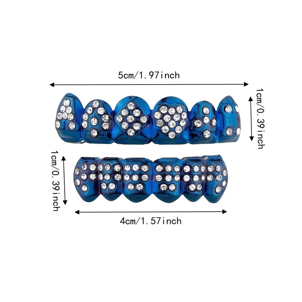 Glossy Finish Teeth Grillz Top Bottom Set Eco-friendly Copper Shiny Teeth Grillz Caps Rhinestone Blue Teeth Jewelry Rapper