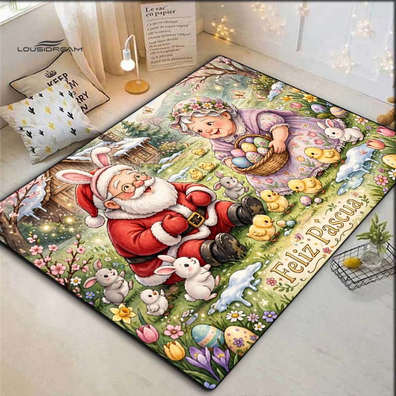 Easter Holiday Cartoon Print Area Rug Non‑Slip Floor Mat Festive Living Room Bedroom Decor