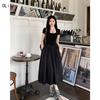 Hepburn Style Square Neck Black Slimming Spliced Dress