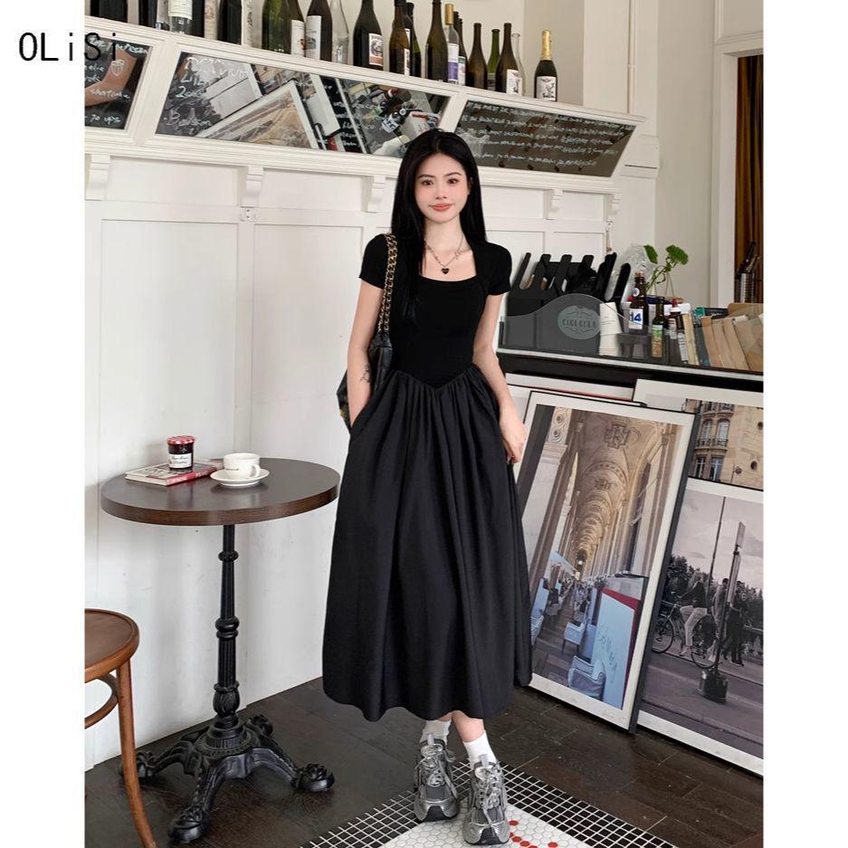 Hepburn Style Square Neck Black Slimming Spliced Dress