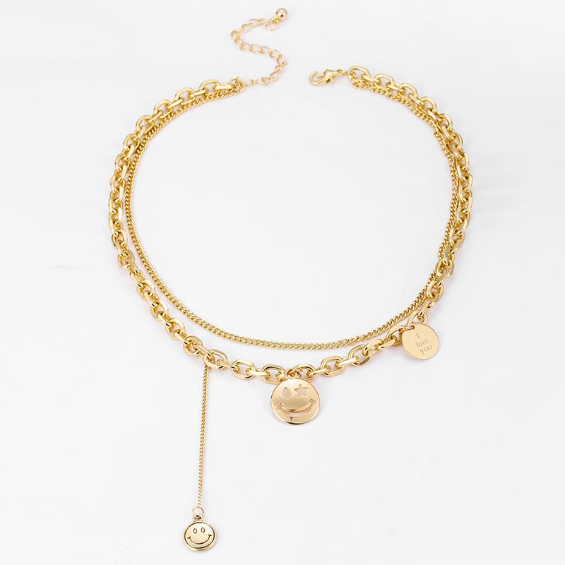 

KJ Покрытая гальваническим способом подвеска-смайлик в два слоя Унисекс Хип-хоп стиль Европейский Американский INS Кубинская цепь