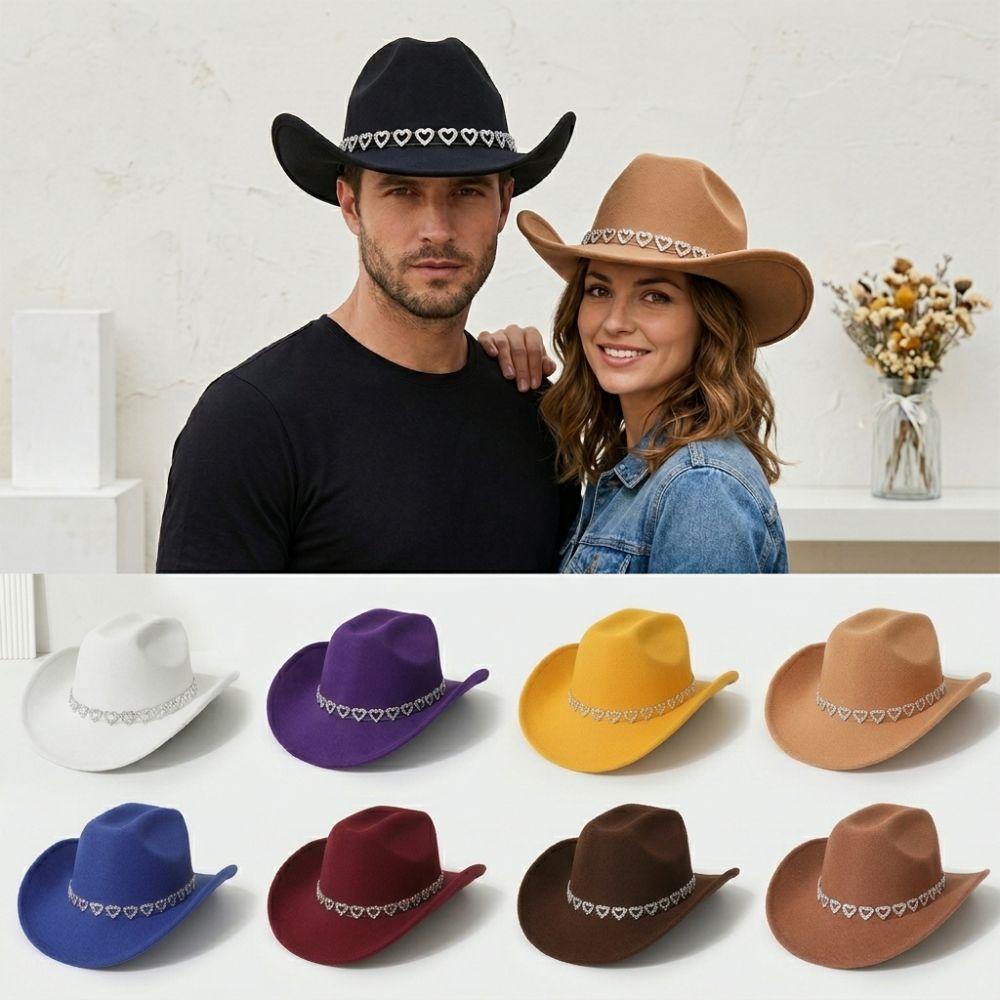 Stylish Breathable Jazz Knight Hat Wide Brim Solid Color Cowboy Hat Heart-shaped Diamond Sun Hat For Men Women