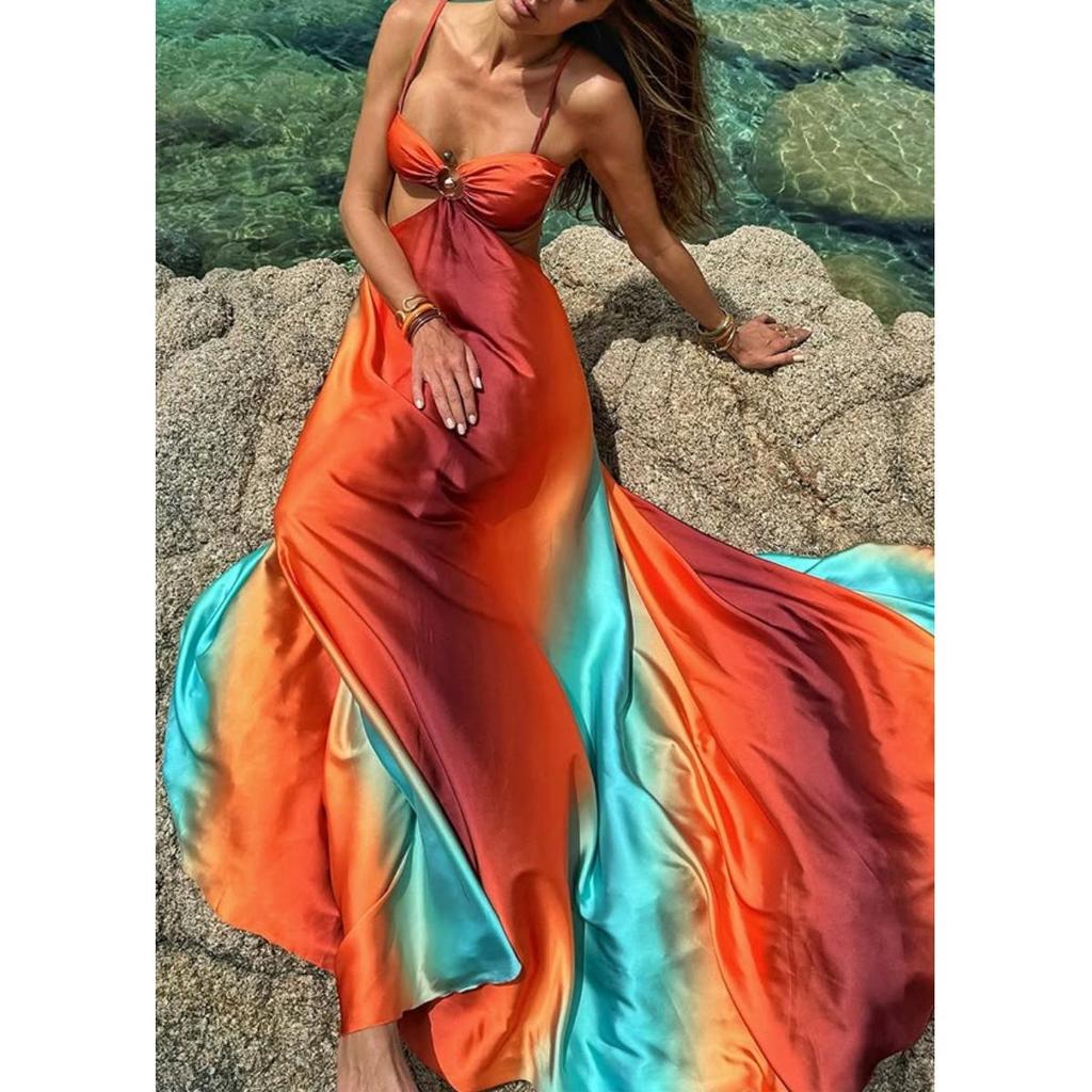 Sexy Gradient Sling Strand Langes Kleid Frauen Vintage Ärmelloses Schnüren Aushöhlen Rohr Kleider Weibliche Chic Street Party Urlaub