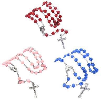 Colar de Rosário Religioso Contas de Flor de Rosa Pingente de Cruzes Colar de Contas Cristãs Colar de Medalhões Joia Presente