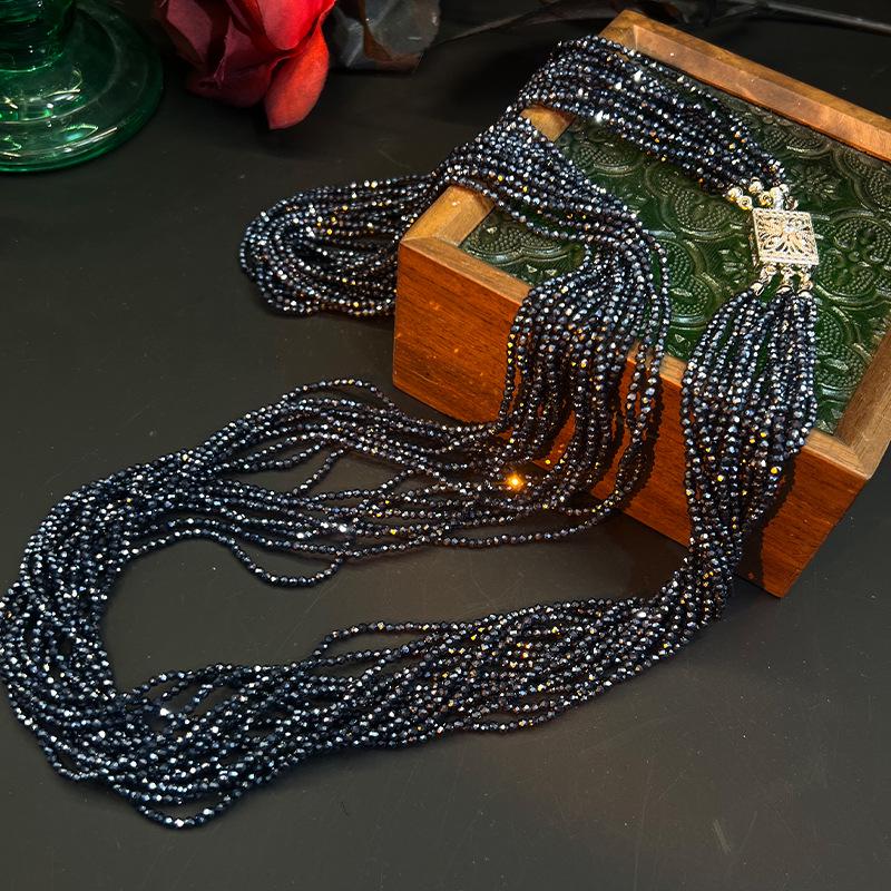 Green Baby's Breath Crystal & Rice Bead Long Necklace - Trendy Dual-Use Sweater Chain for Women