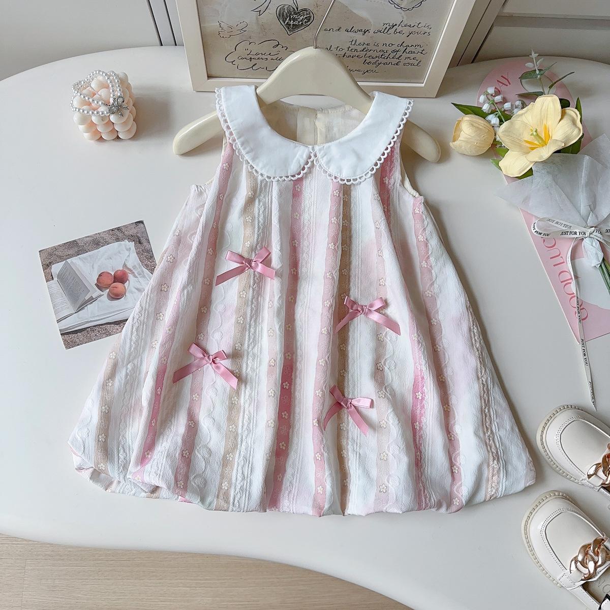 Summer Girls Sleeveless Princess Dress With Bowknot Peter Pan Collar Sweet Cute Vest Dress For Little Kids 90cm