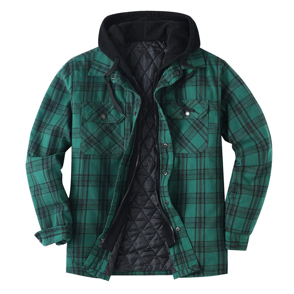 Winter Men's Clothing European and American Autumn and Winter Thickened Cotton-padded Plaid Long-sleeved Loose Hooded Jacket Jacket