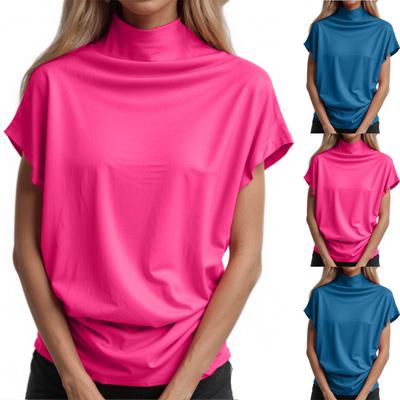 Fashion Ladies Half Turtleneck  Sleeve Tops Polyester Cotton Loose Short Sleeve T-shirt For Women