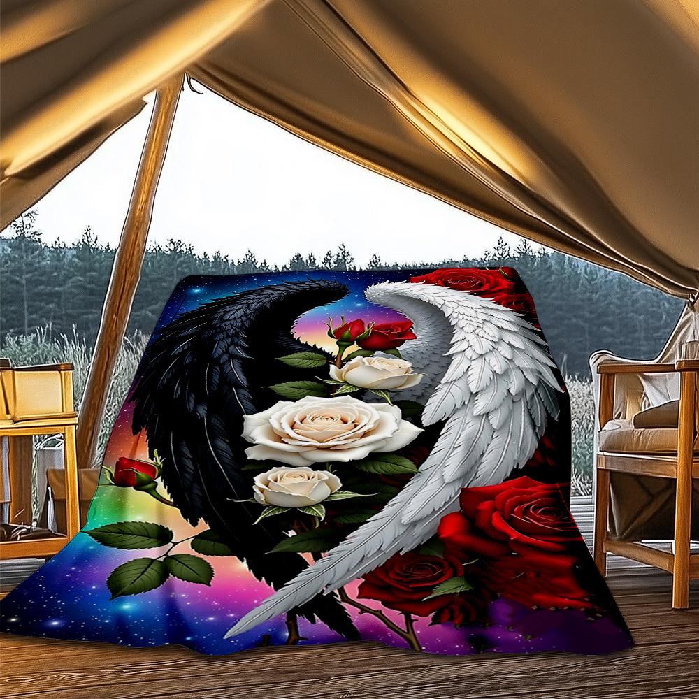 1pc Angel Wings Roses Throw Blanket Polyester Fiber, Lightweight Flannel, Soft & Warm, All Season Use for Outdoor, Camping