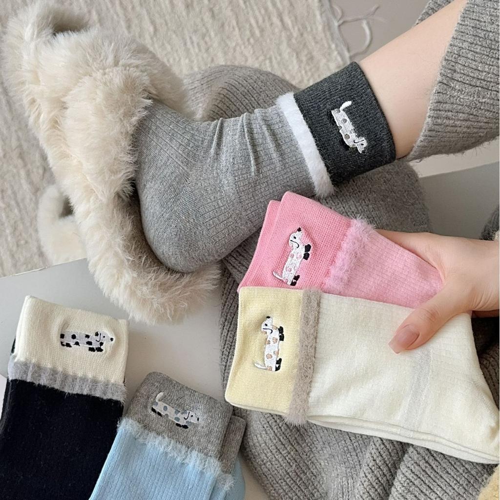 Cute Cartoon Dachshund Dog Socks Medium Tube Socks Tide Spring And Autumn Mink Velvet Color Matching Student Gray Stockings