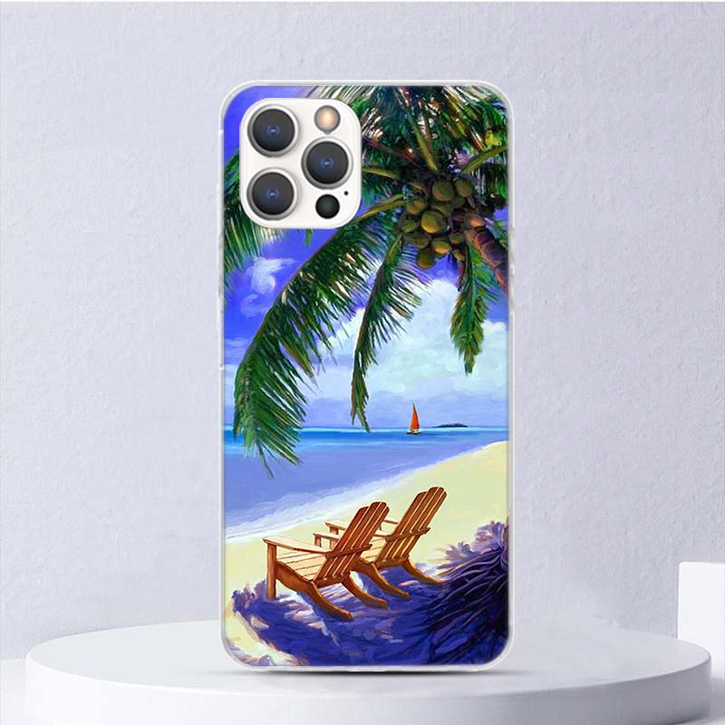 Sommer Strand Sonnenuntergang Meer Palme Weiche Hülle Für iPhone 16 17 Air 16E 15 Plus 11 12 13 Mini 14 Pro Max Handyhülle Apple 7 8 SE C